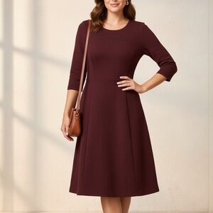 Boden Heavy Quilted Textured Fit Flare Dress Burgundy Knit 3/4 Sleeve Size 14